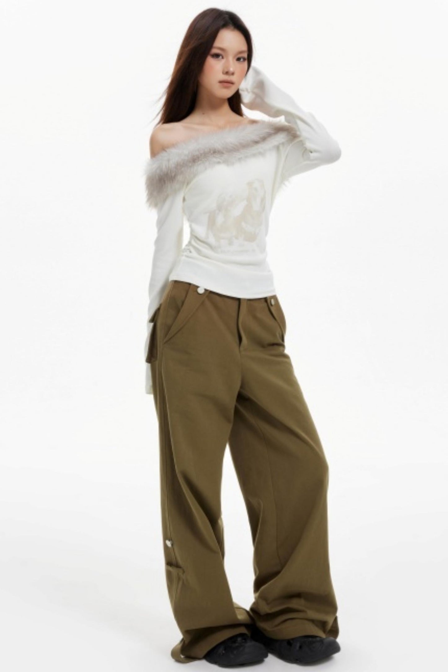 Off-Shoulder Fur Collar Slimming Sleeve Top