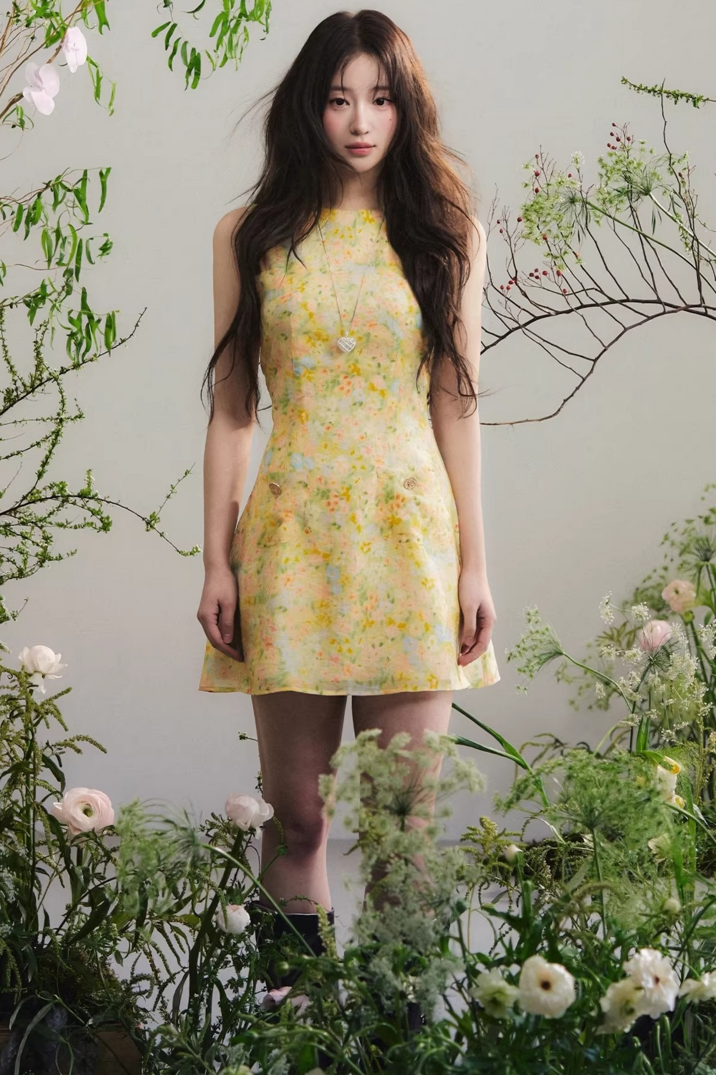 Bright Yellow Floral Linen Dress