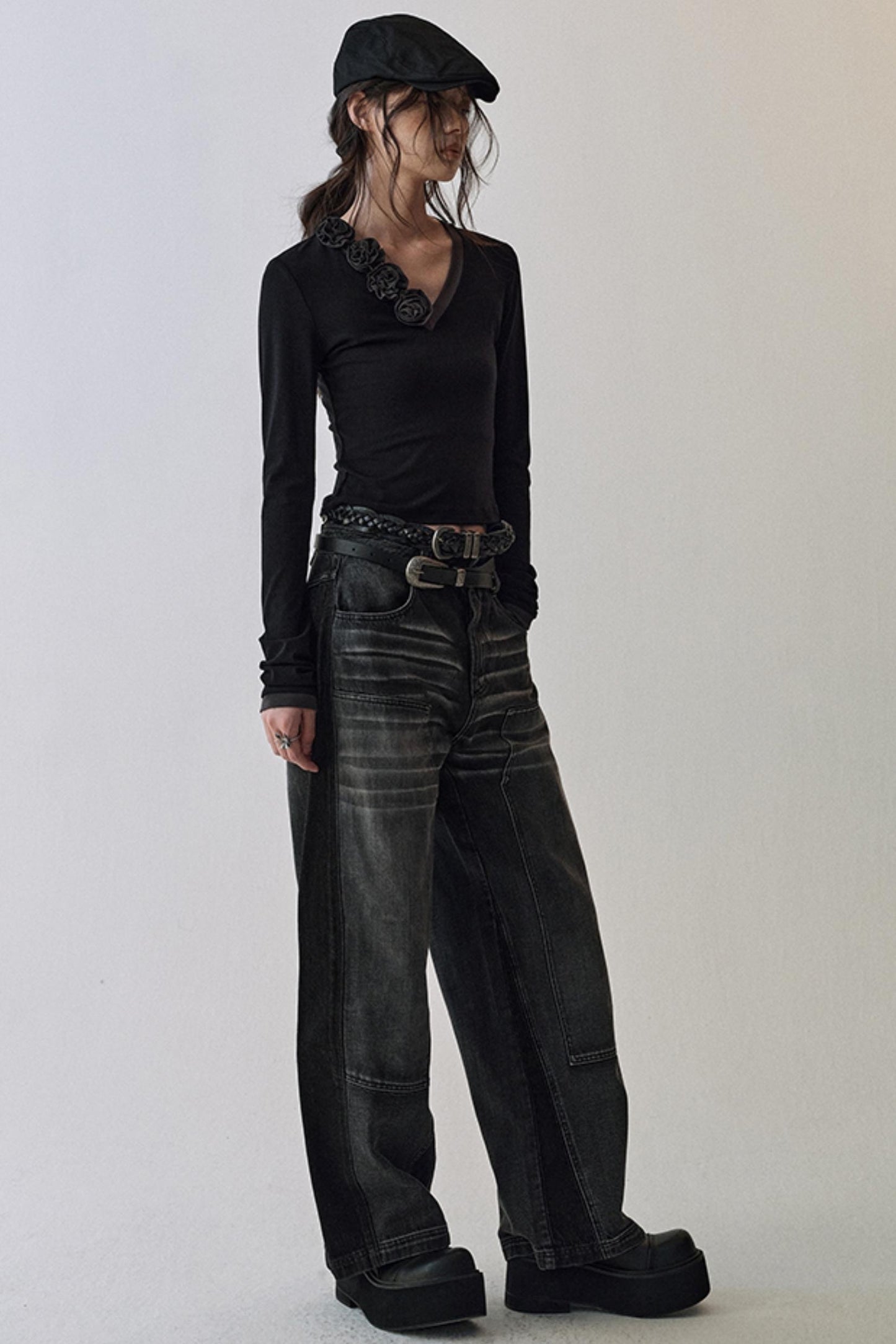 Elegant V Neck Flower T-Shirt