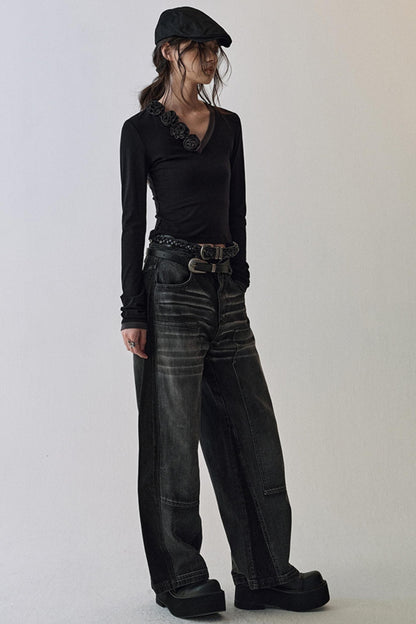 Elegant V Neck Flower T-Shirt