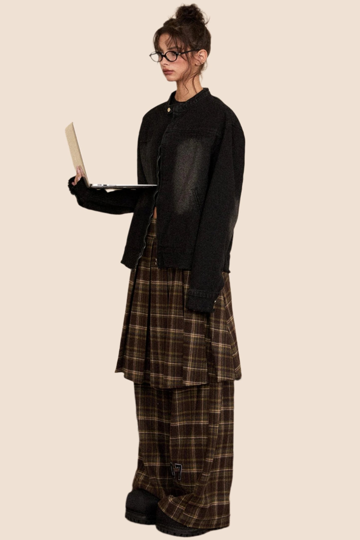 Casual Woolen Plaid Skirt And Pants Set-Up