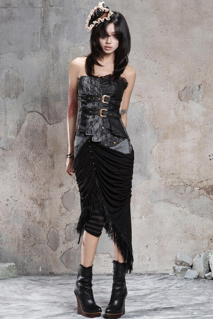 Irregular Patchwork Drawstring Skirt