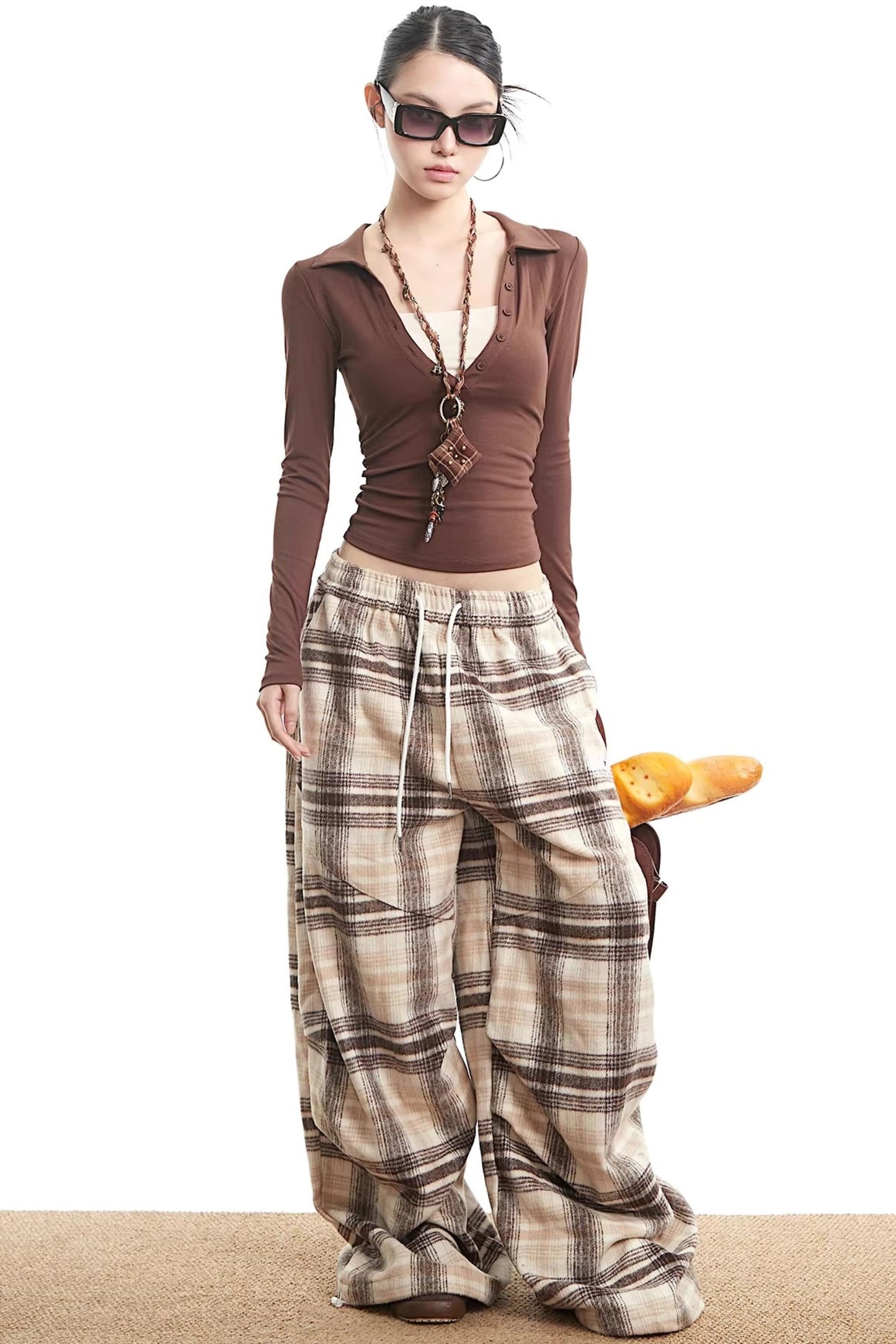 Retro Scimitar Plaid Wide-Leg Pants