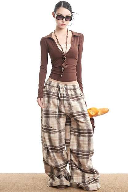Retro Scimitar Plaid Wide-Leg Pants