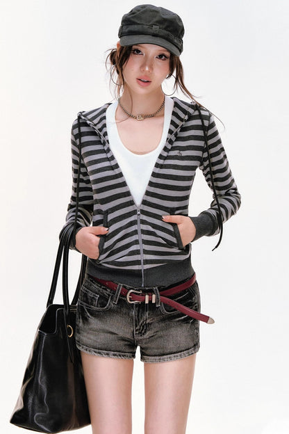 Contrasting Striped Vintage Hooded Cardigan