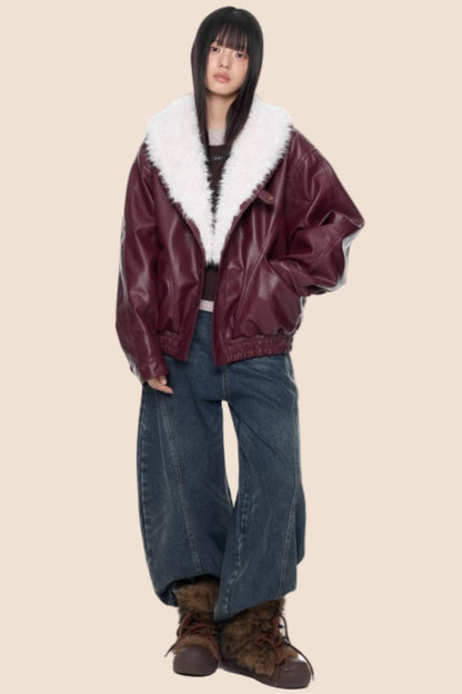 Fur Collar Leather Jacket Coat