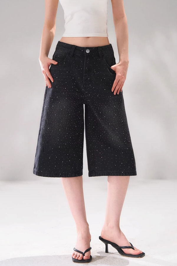 Rhinestone Denim Cropped Pants