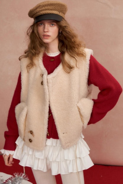 Buttoned Lamb Wool Reversible Vest