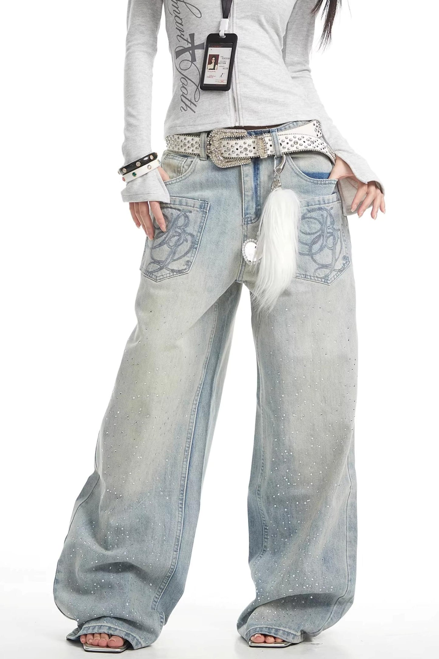 Retro Rhinestone Denim Pants