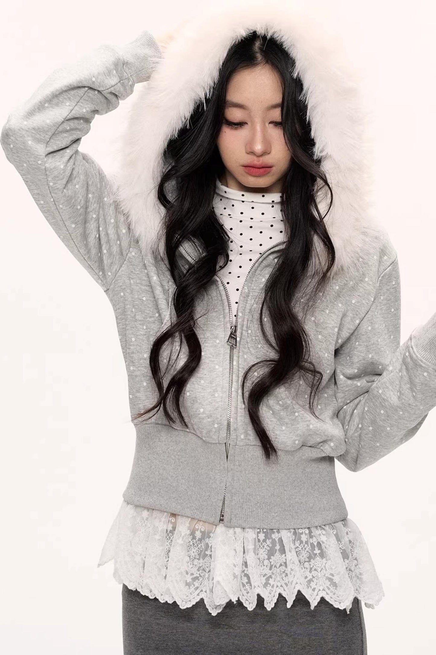 White Fur Collar Polka Dot Jacket