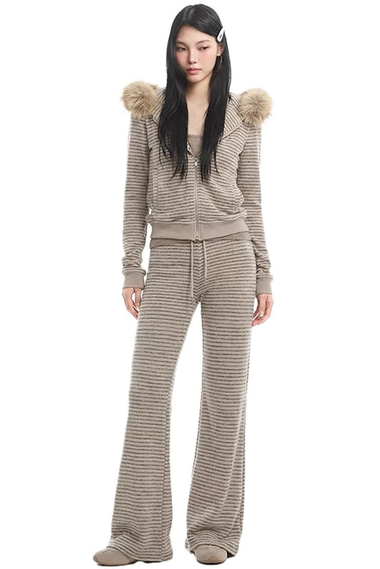 Retro Striped Fur Hooded Jacket Set-Up
