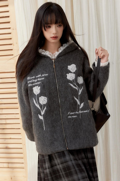 [10 31new popular new products] fragile shop winter old words embroidered hooded sweatshirt cardigan autumn and winter