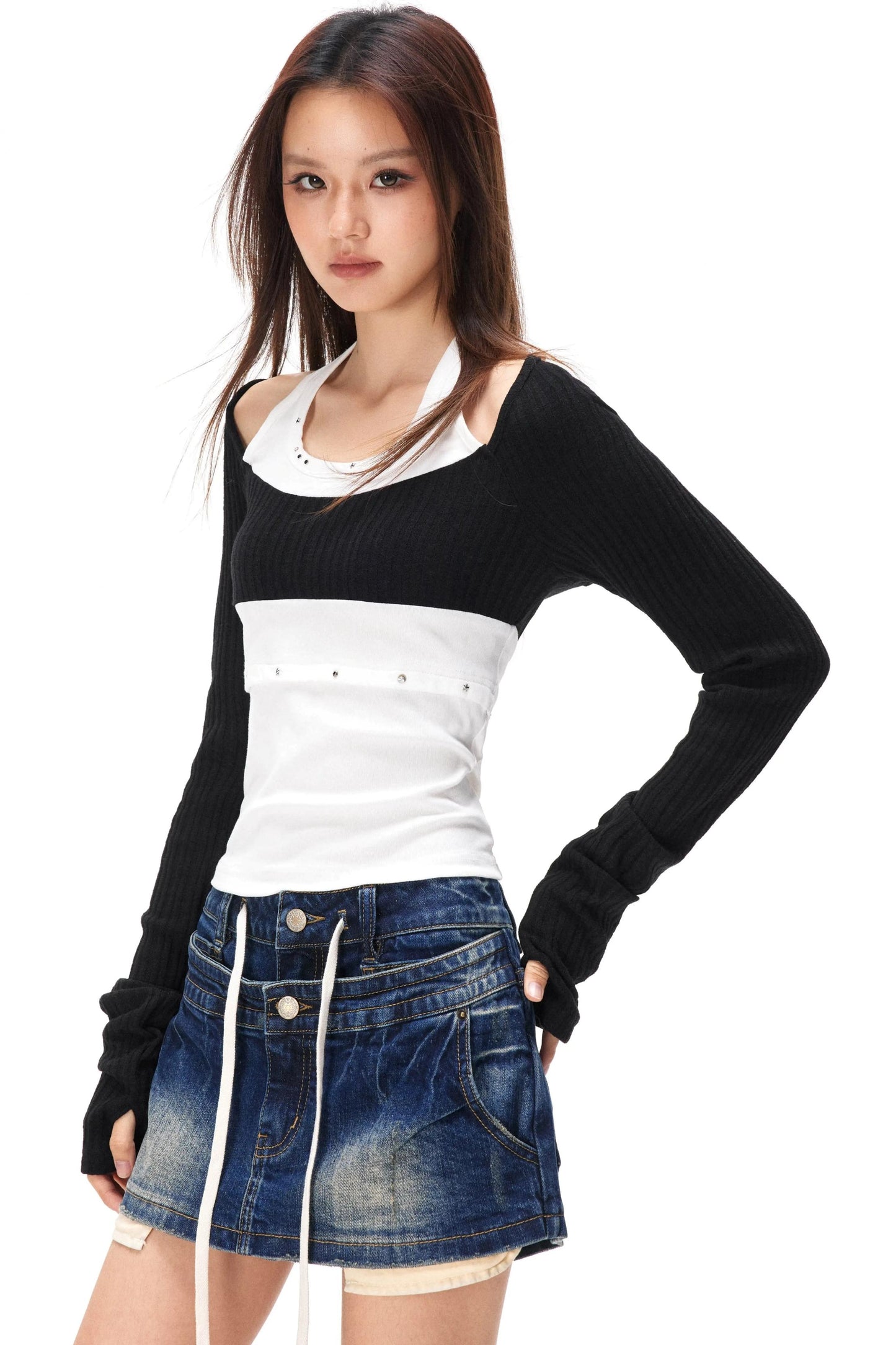 Rhinestone Patchwork Knit Top