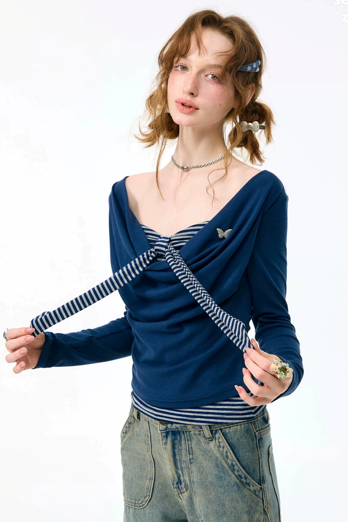 Layered-Look Striped Tie Knit Top