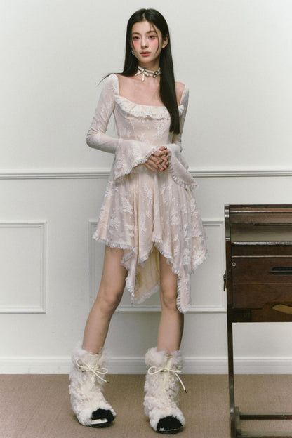 Square Neck Asymmetric Long Sleeve Dress