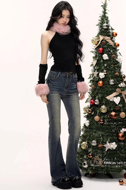 Color-Blocked Fur Collar Vest