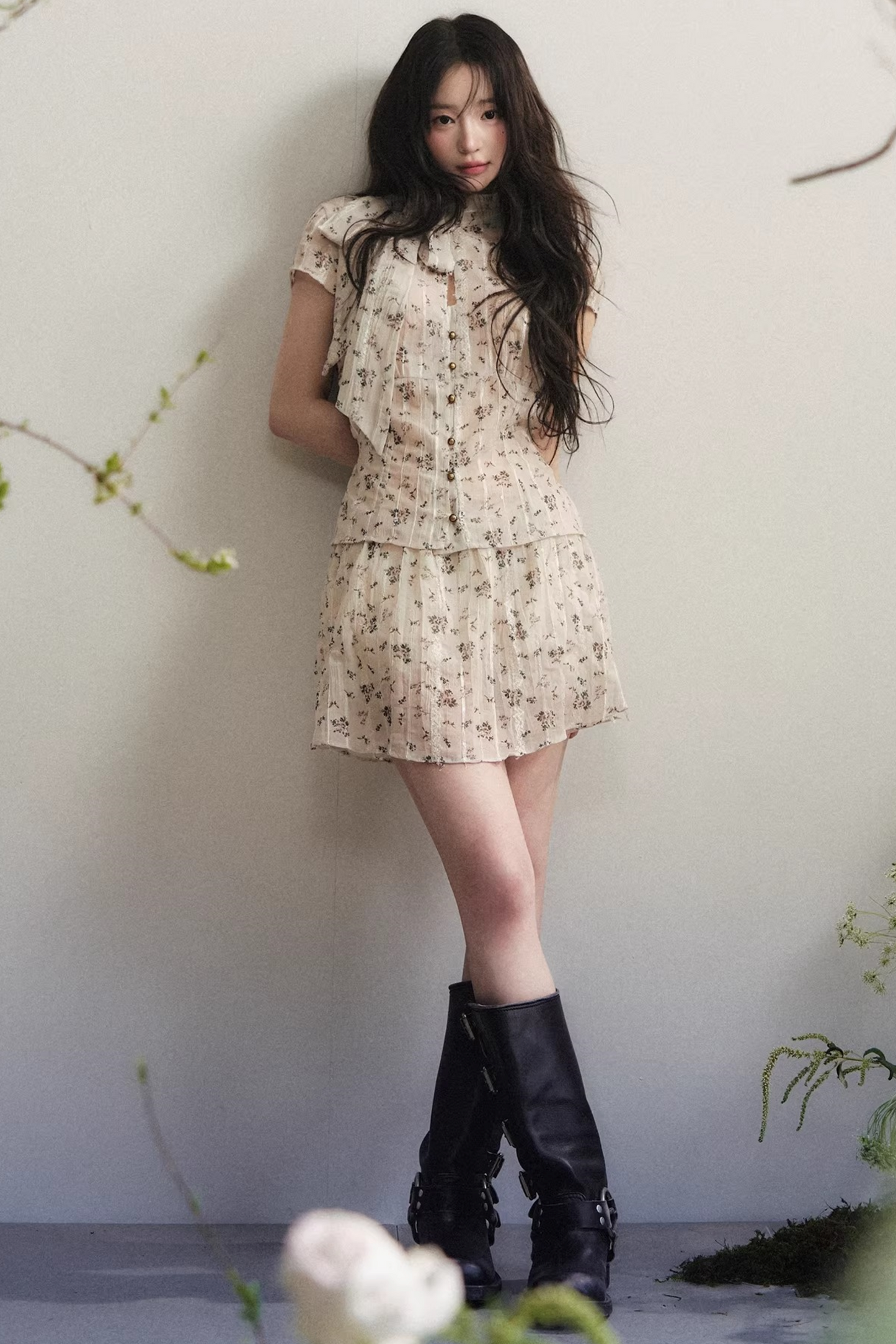 Beige Floral Chiffon Two-Piece Set-Up