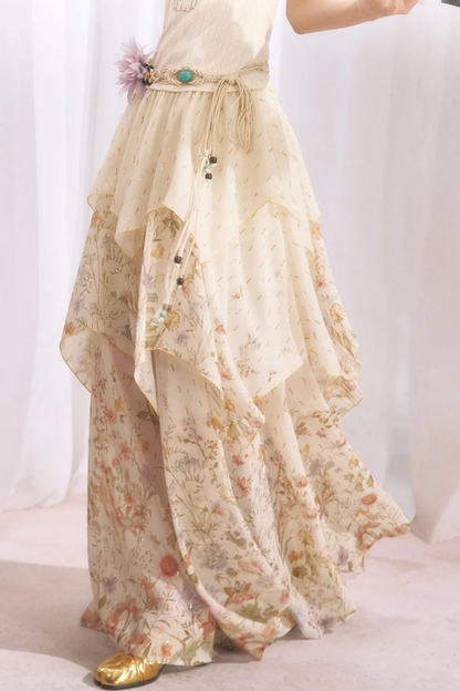 Floral Print Irregular Tiered Chiffon Skirt