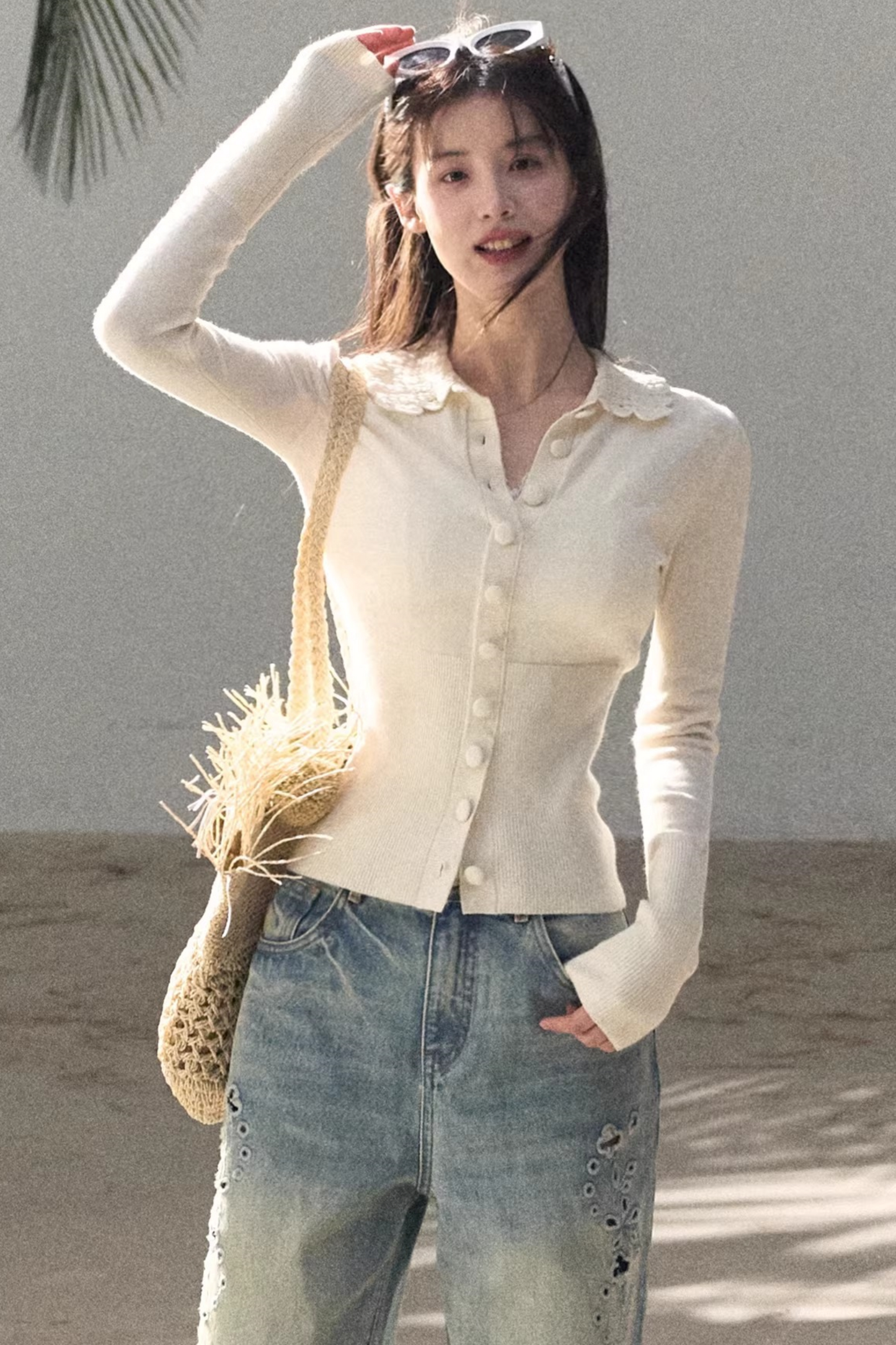 Natural Wool Crochet Collar Top