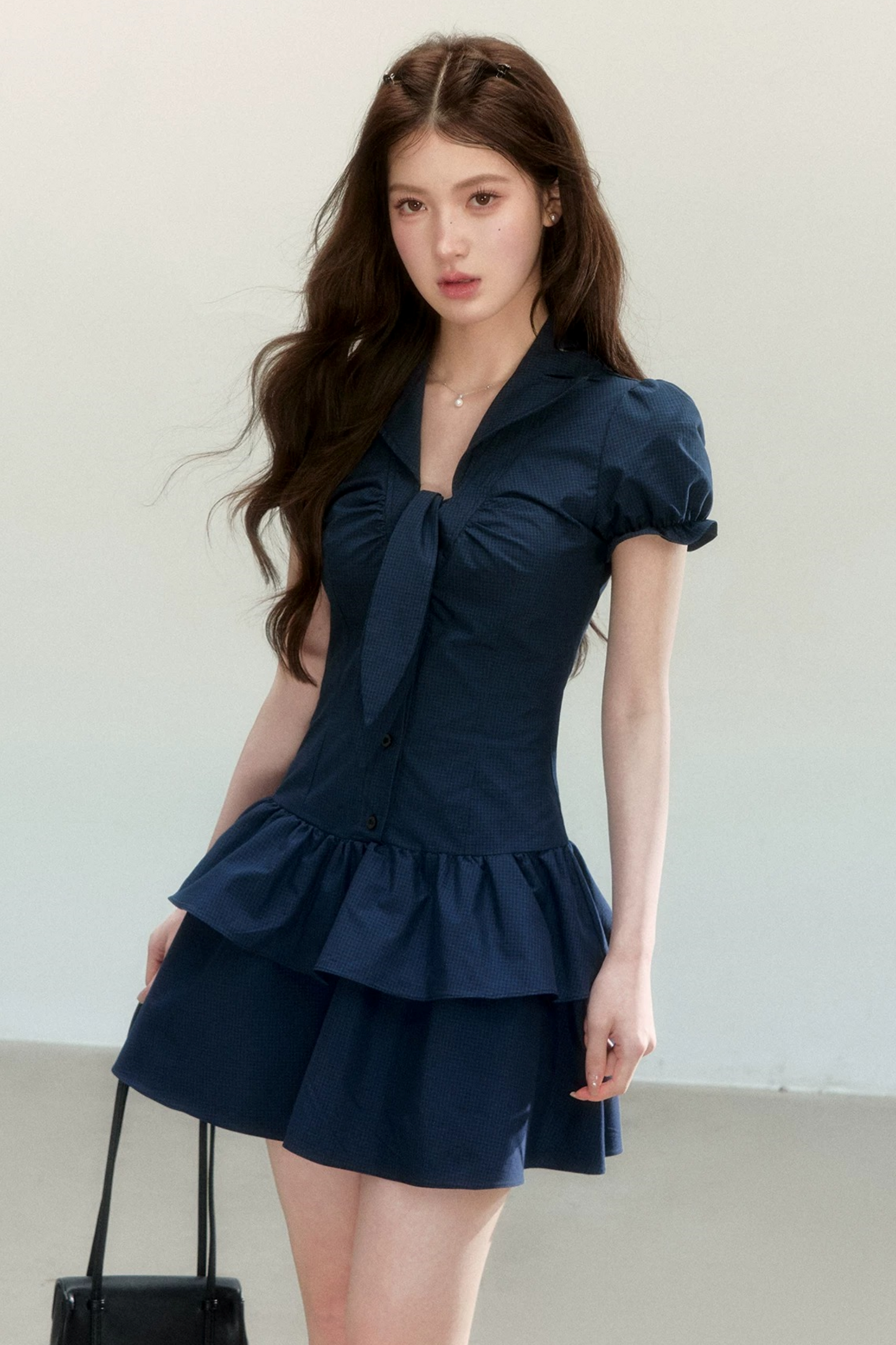 Navy Plaid V-Neck Dress
