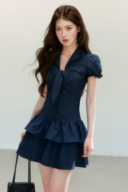 Navy Plaid V-Neck Dress