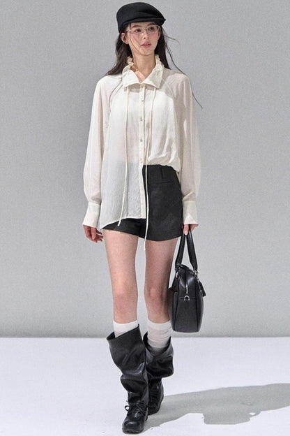 Fungus Edge Collar Drawstring Lace-up Shirt