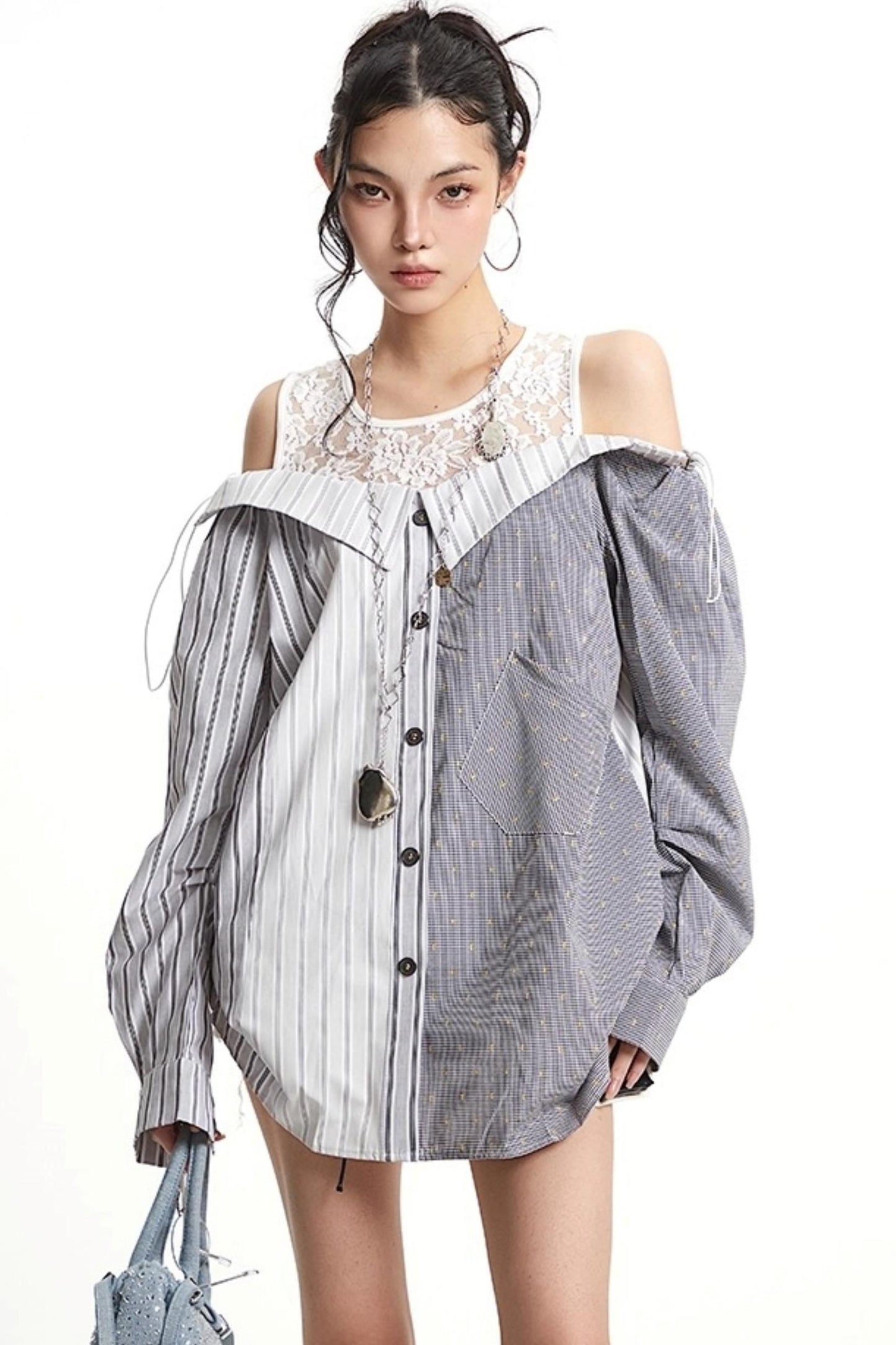 Patchwork Lace Striped Shirt