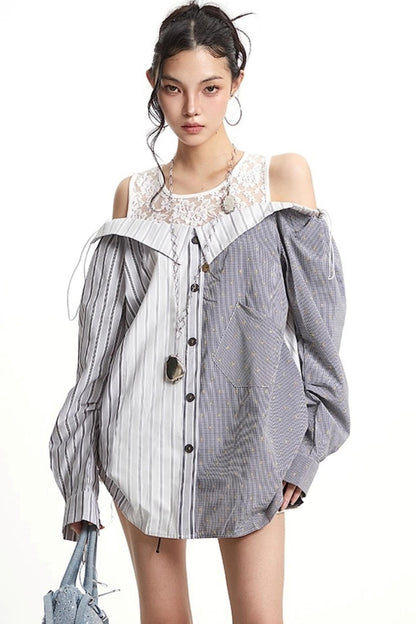 Patchwork Lace Striped Shirt