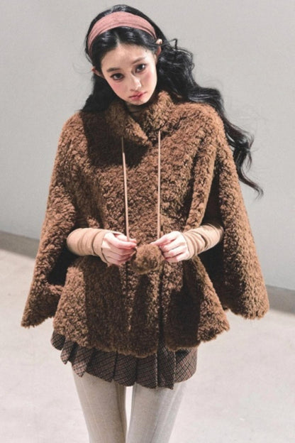 Korean-Style Lamb Wool Cape Coat