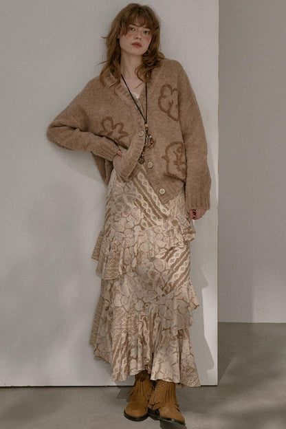 Original Slanted Ruffle Leaf Wave Midi Cake Skirt