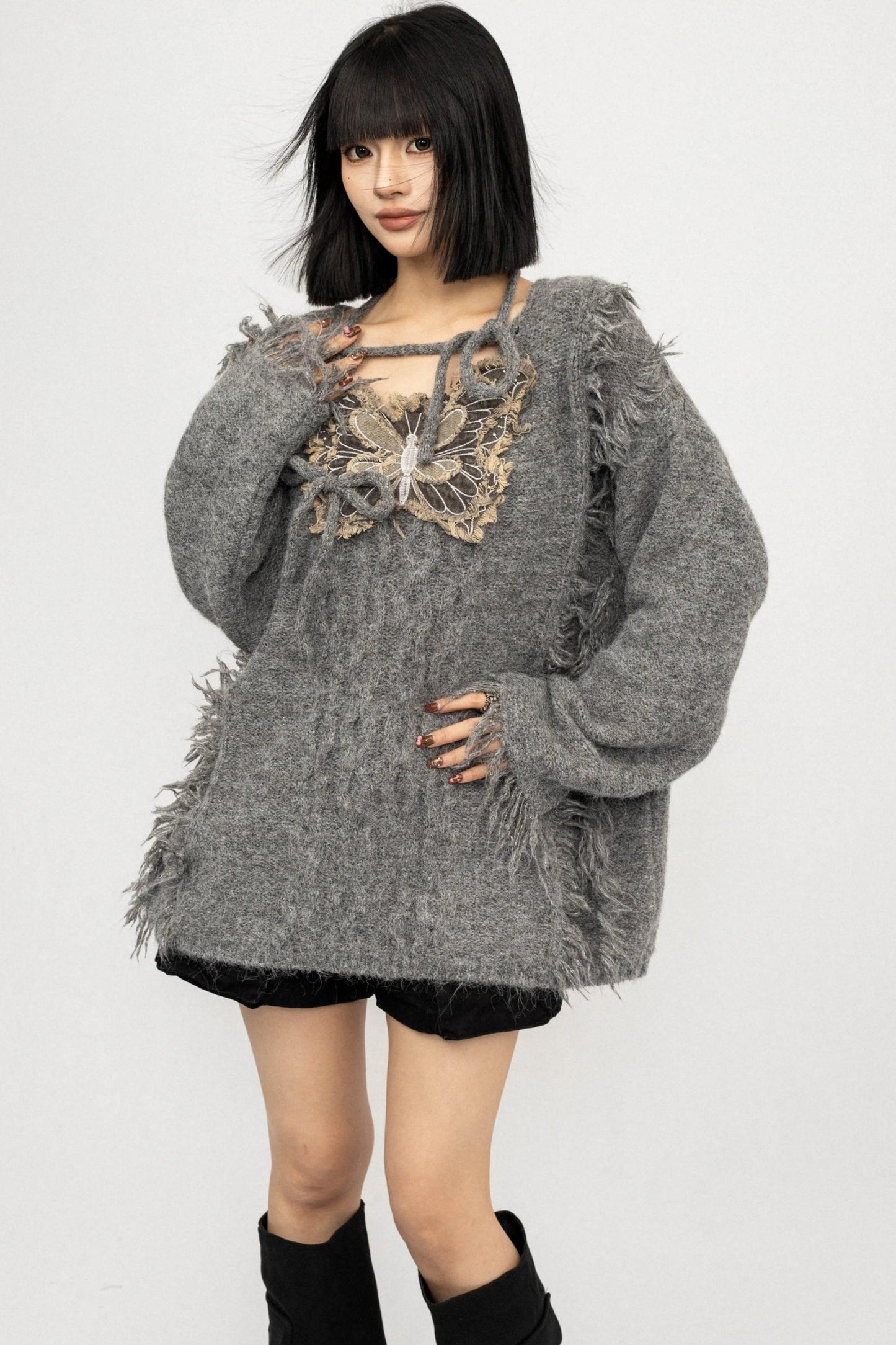 Fringe Lace-Up Butterfly Sweater