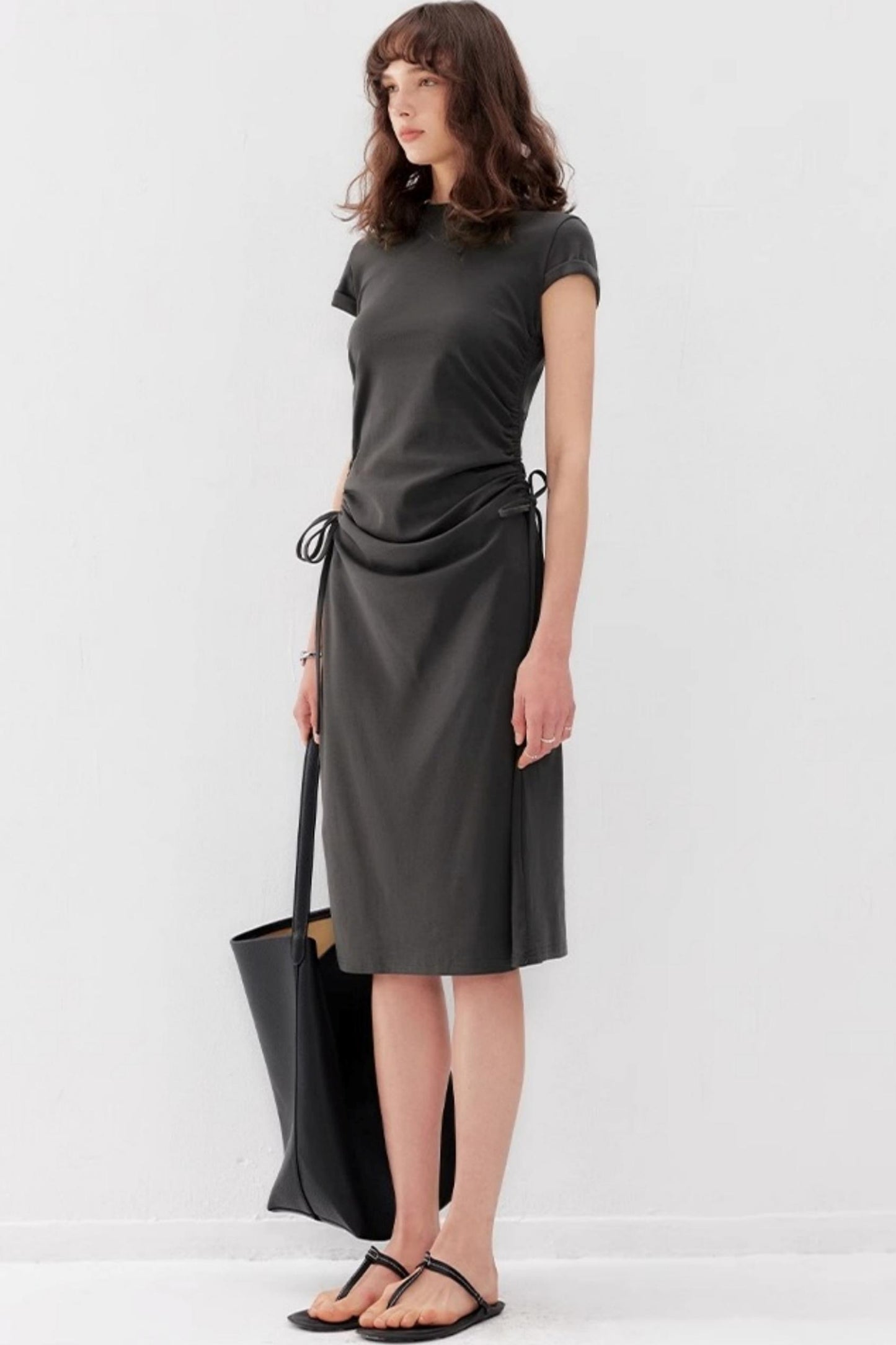 Drawstring Waist Slim Midi Dress