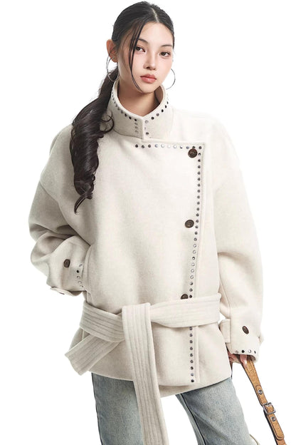Off-White Woolen Stand-Up Collar Coat