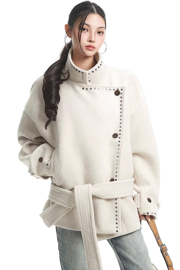 Off-White Woolen Stand-Up Collar Coat