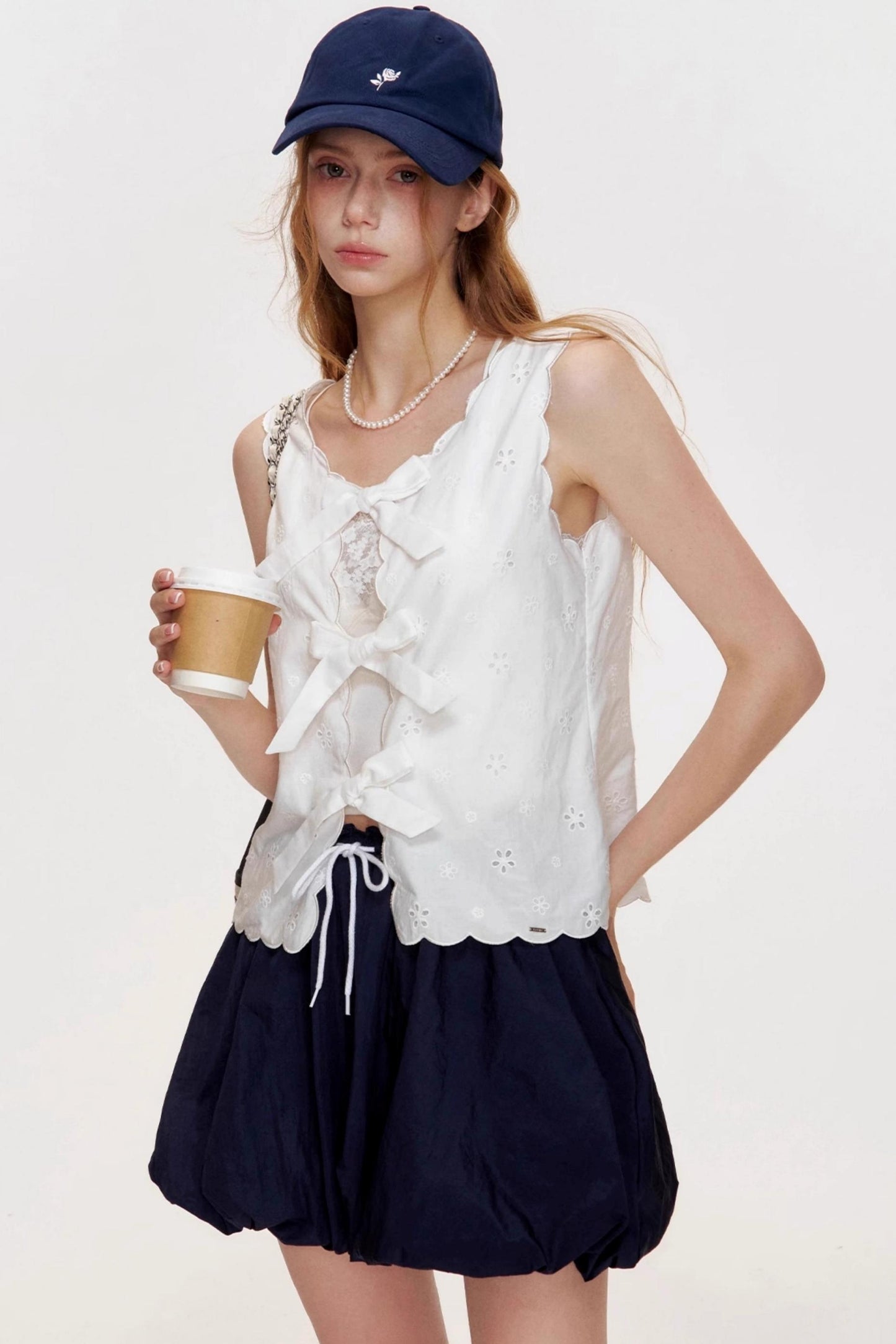 Romantic Wavy Edge Embroidery Strappy Vest Set-Up