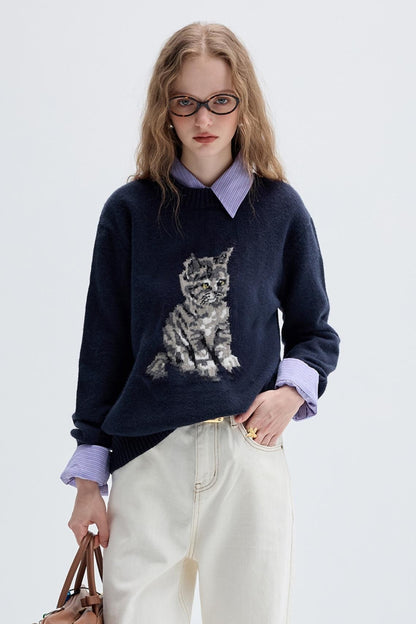 Jacquard Kitten Embroidered Crewneck Top