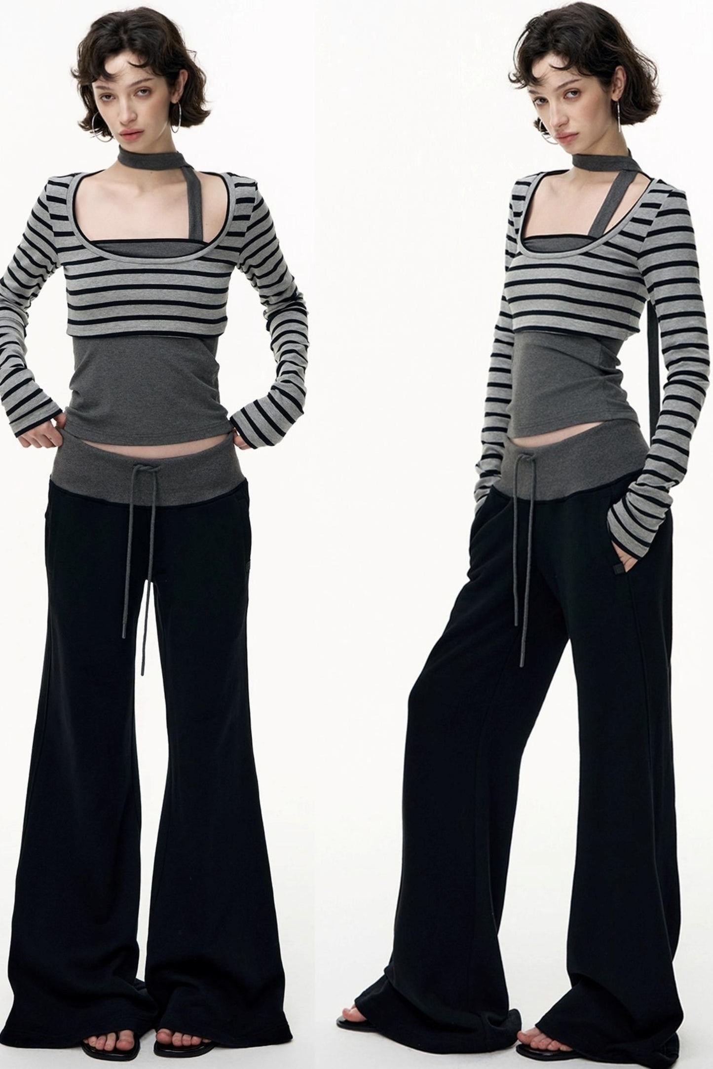 Drawstring Cotton Flared Sweatshirt Slacks