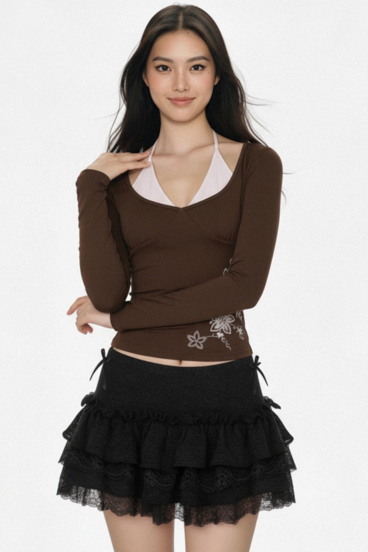 컬러 블록 플로럴 자수 탑