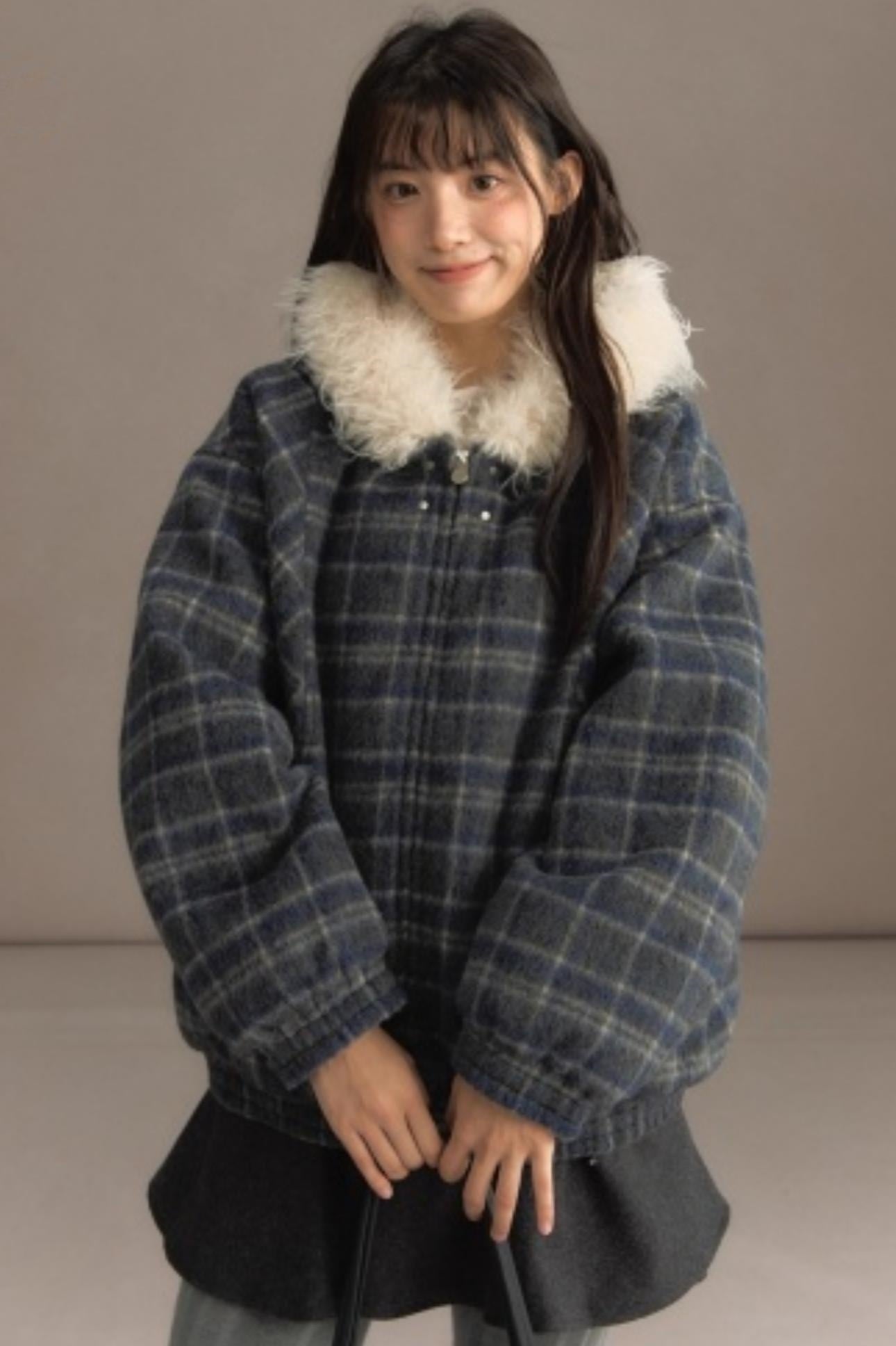 Elk Fur Collar Plaid Woolen Jacket