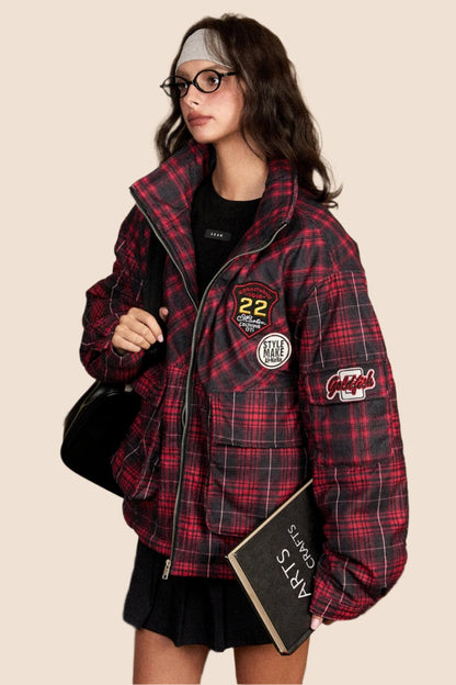 EZEK American Retro Stand Collar Red Plaid Cotton Jacket Baumwolljacke Women's Loose Lazy Thickened Cotton Jacket Breadwear Jacket