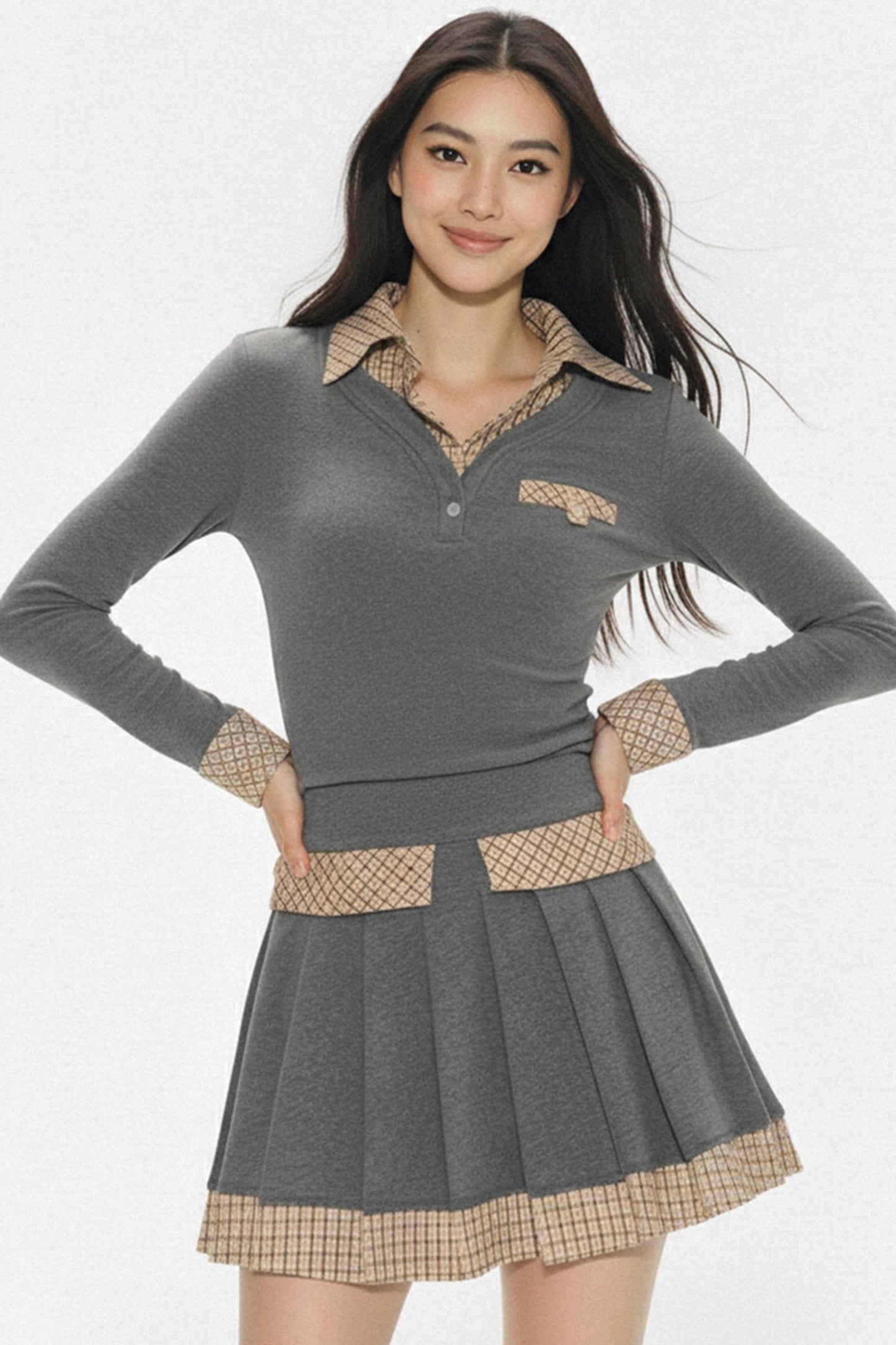 Layered Knit Top and Pleated Skirt Set-Up