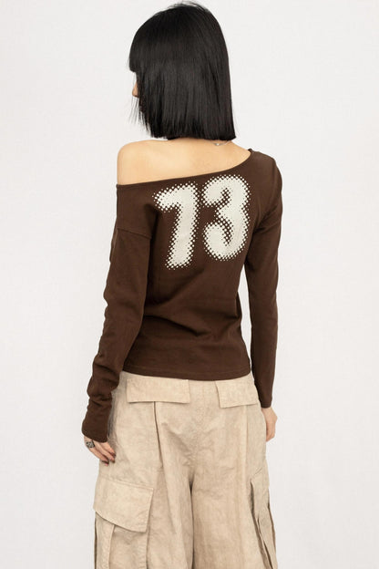 Monogram Print Off-Shoulder Slim T-Shirt