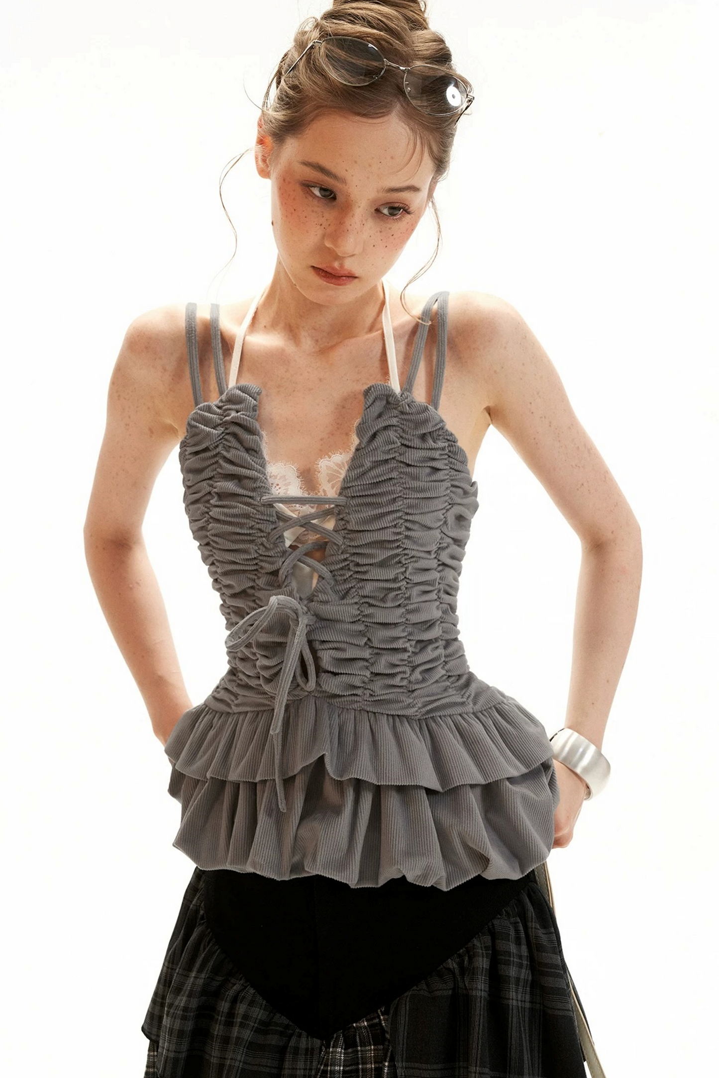 Corduroy Pleated Camisole Top Set-Up