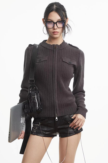 Knit Stand-Up Collar Cardigan