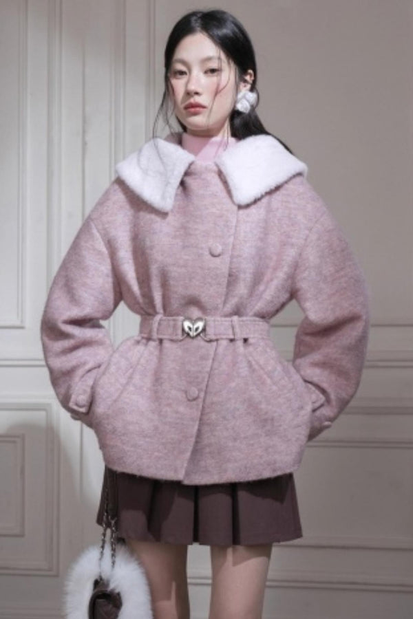 Cream Pink Hooded Wool Coat Set