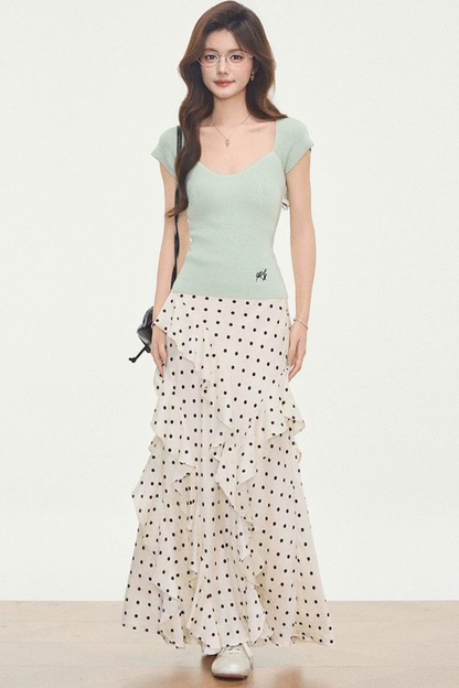 Knit Polka-Dot Top & Skirt Set-Up