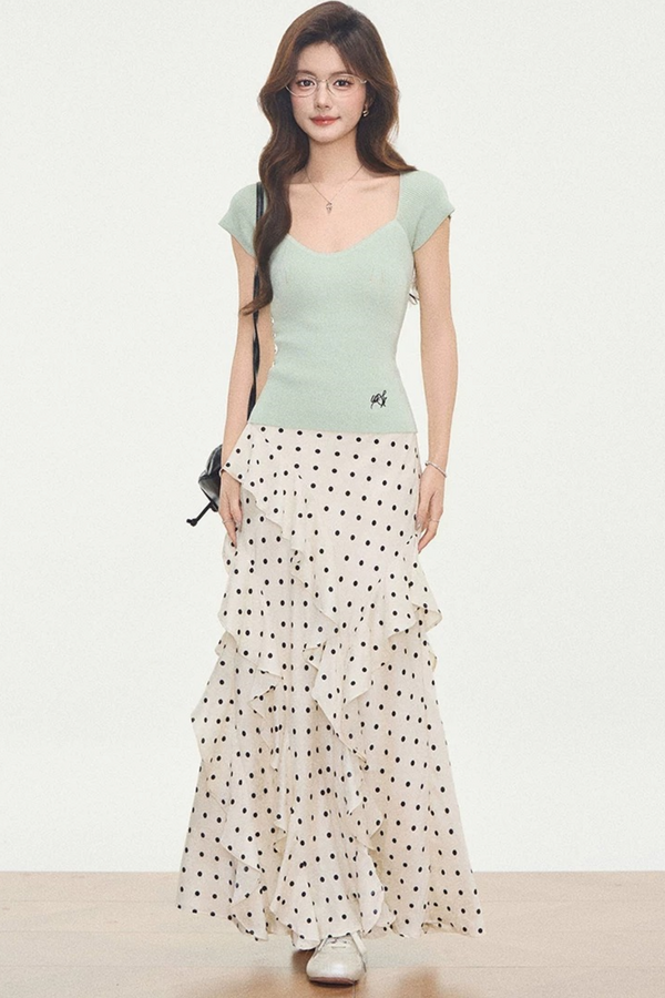 Knit Polka-Dot Top & Skirt Set-Up