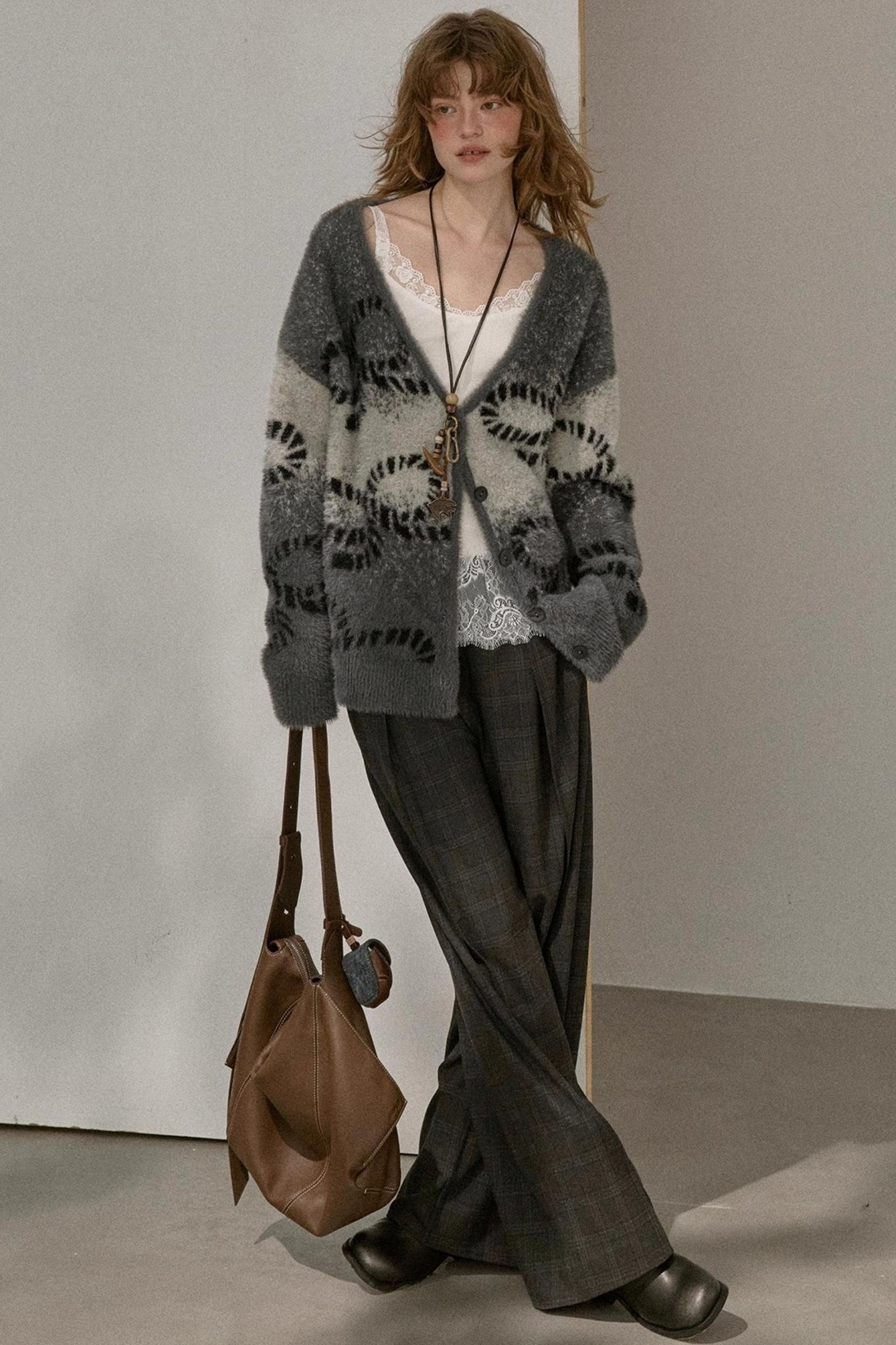 Bow Gradient V-Neck Knitted Cardigan