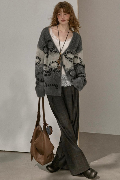 Bow Gradient V-Neck Knitted Cardigan