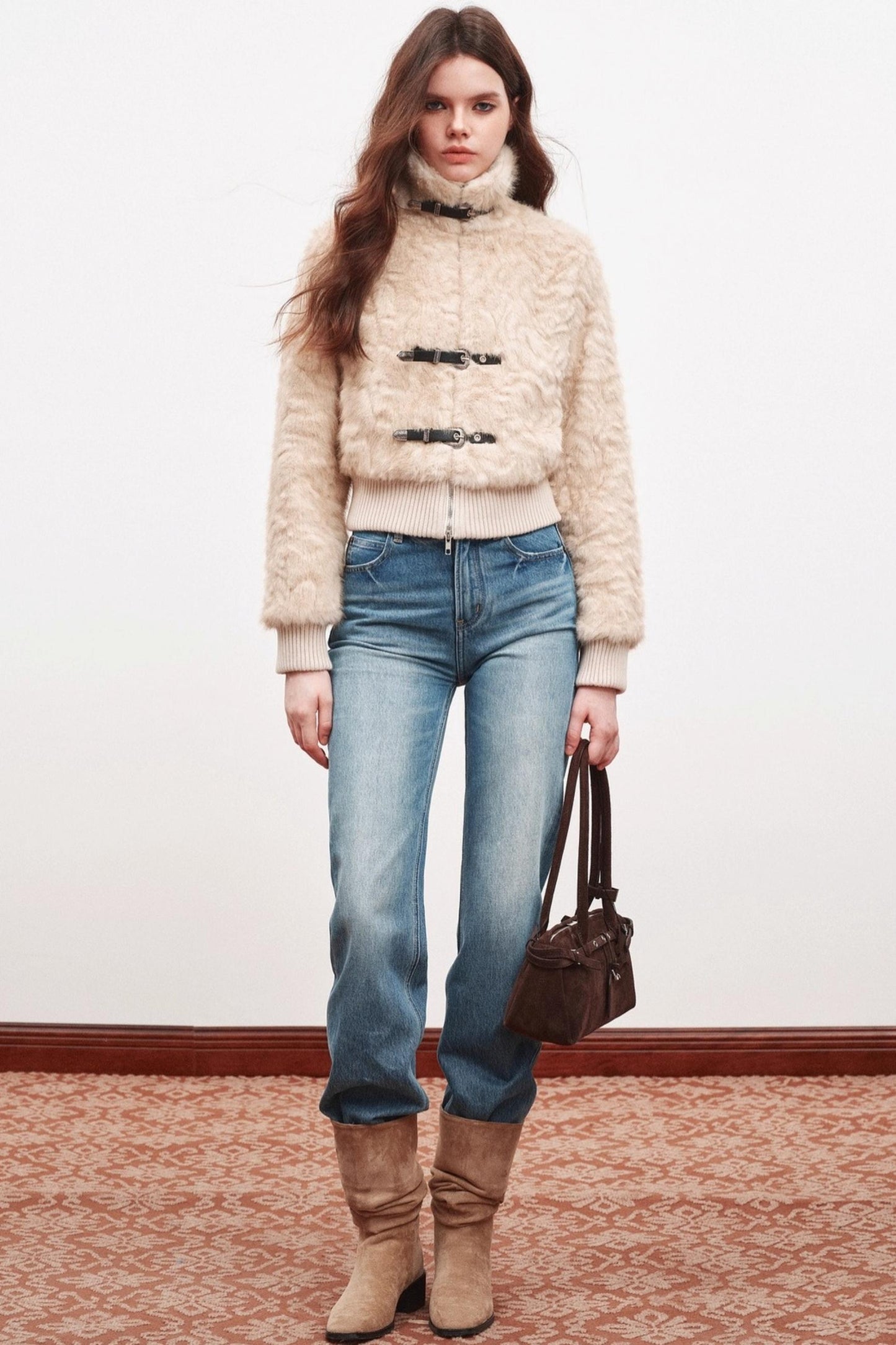 Leather Stand-Up Collar Woolen Short Jacket